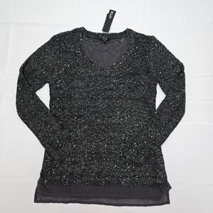 NWT Apt. 9 Womens Sequin Knit Sweater Top M Charcoal Gray Mock V-neck Chiffon